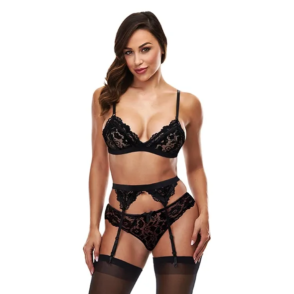 Komplet trzyczęściowy - Baci - 3pc Lace Garter Set Czarny S/M