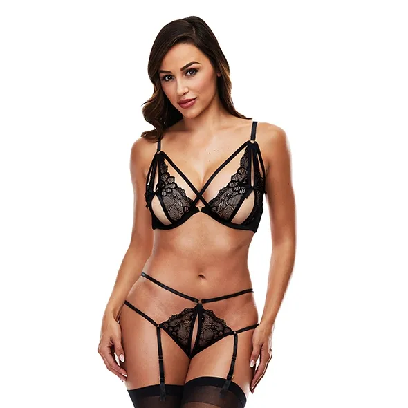 Komplet z rozcięciami - Baci Strappy Garter Set Black M/L