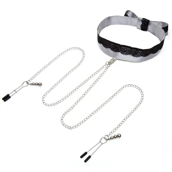 Obroża z zaciskami na sutki - Fifty Shades of Grey Play Nice Satin & Lace Collar & Nipple Clamps