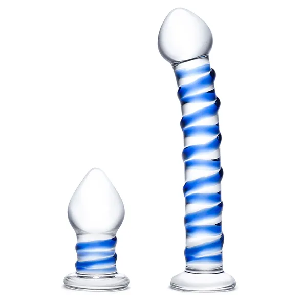 Dildo i korek analny - Glas Double Penetration Glass Swirly Dildo & Butt Plug Set 2 pcs