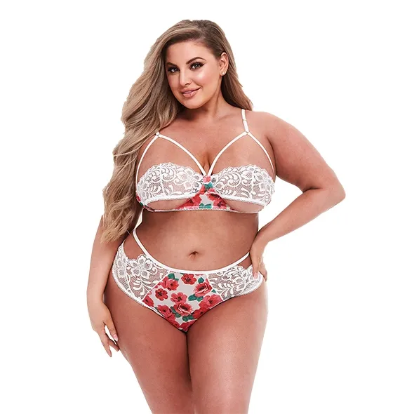 Komplet dwuczęściowy z kwiatami i koronką - Baci - White Floral & Lace Bra Set  Queen Size