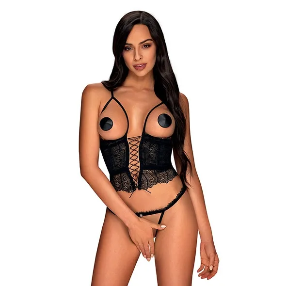 Obsessive - Seksowny Odkryty Gotset + Stringi Bez Kroku Czarne Romanesa S/M