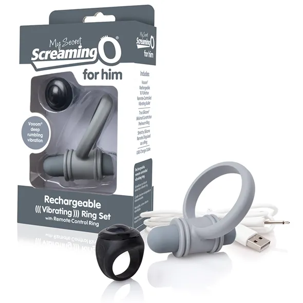 Sexshop - The Screaming O Charged Remote Control Bullet and Ring for Him  Szary - Pierścień erekcyjny do stymulacji krocza, z pilotem - online