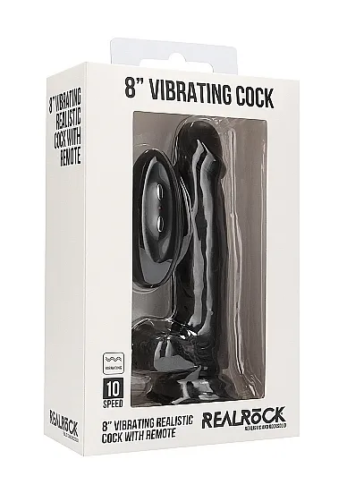 Realrock Dildo 8" wibrujące PRZYSSAWKA jądra - Vibrating Realistic Cock - 8" - With Scrotum - Black