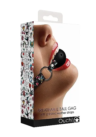 KNEBEL ODDYCHAJĄCY skórzany pasek - Breatheable Ball Gag - Old School Tattoo Style - Black