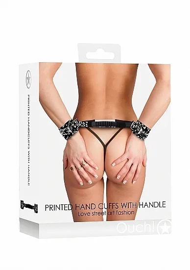 Eleganckie KAJDANKI NA RĘCE  z uchwytem - Printed Handcuffs with Handle - Love Street Art Fasion - Black