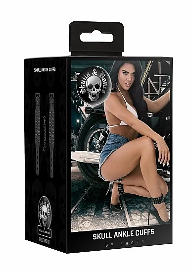 KAJDANKI na kostki skóra ekologiczna - Ouch! Skulls and Bones - Ankle Cuffs with Skulls - Black