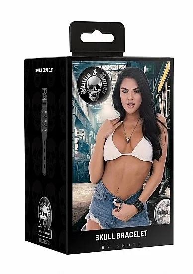 OPASKA Bransoletka skóra ekologiczna - Ouch! Skulls and Bones - Bracelet with Skulls - Black