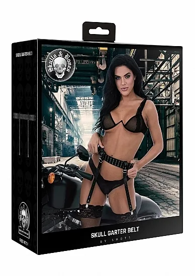 PAS DO POŃCZOCH Skóra ekologiczna - Ouch! Skulls and Bones - Garter Belt with Skulls - Black