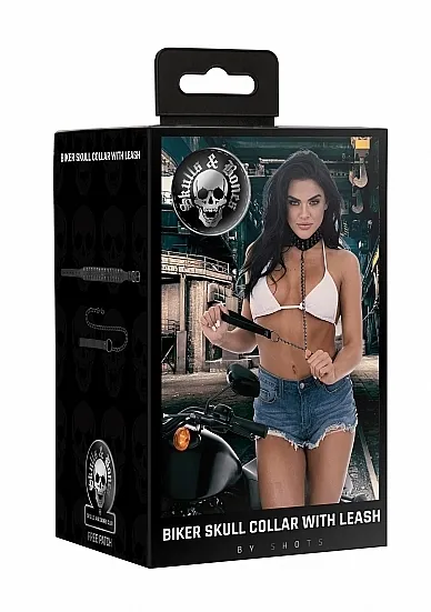 OBROŻA na szyję z czaszkami i smyczą - Ouch! Skulls and Bones - Neck Chain with Skulls and Leash - Blac