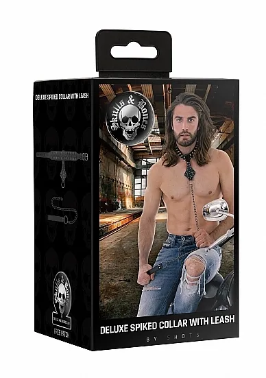 OBROŻA na szyję z czaszkami i smyczą - Ouch! Skulls and Bones - Neck Chain with Spikes and Leash - Blac