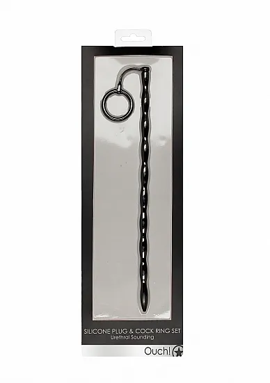 STYMULACJA CEWKI MOCZOWEJ zestaw z pierścieniem - Silicone Plug & Cock Ring Set - Urethral Sounding - Black