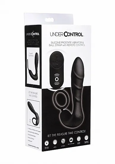 Masażer prostaty z pierścieniem na penisa na sterowanie - Silicone Prostate Vibrator and Strap with Remote Control - czarny AF871