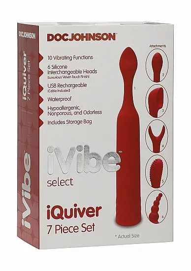 Wibrator + 7 różnych nakładek - Czerwony 6026-10-BX - iQuiver - 7 Piece Set - Red Velvet