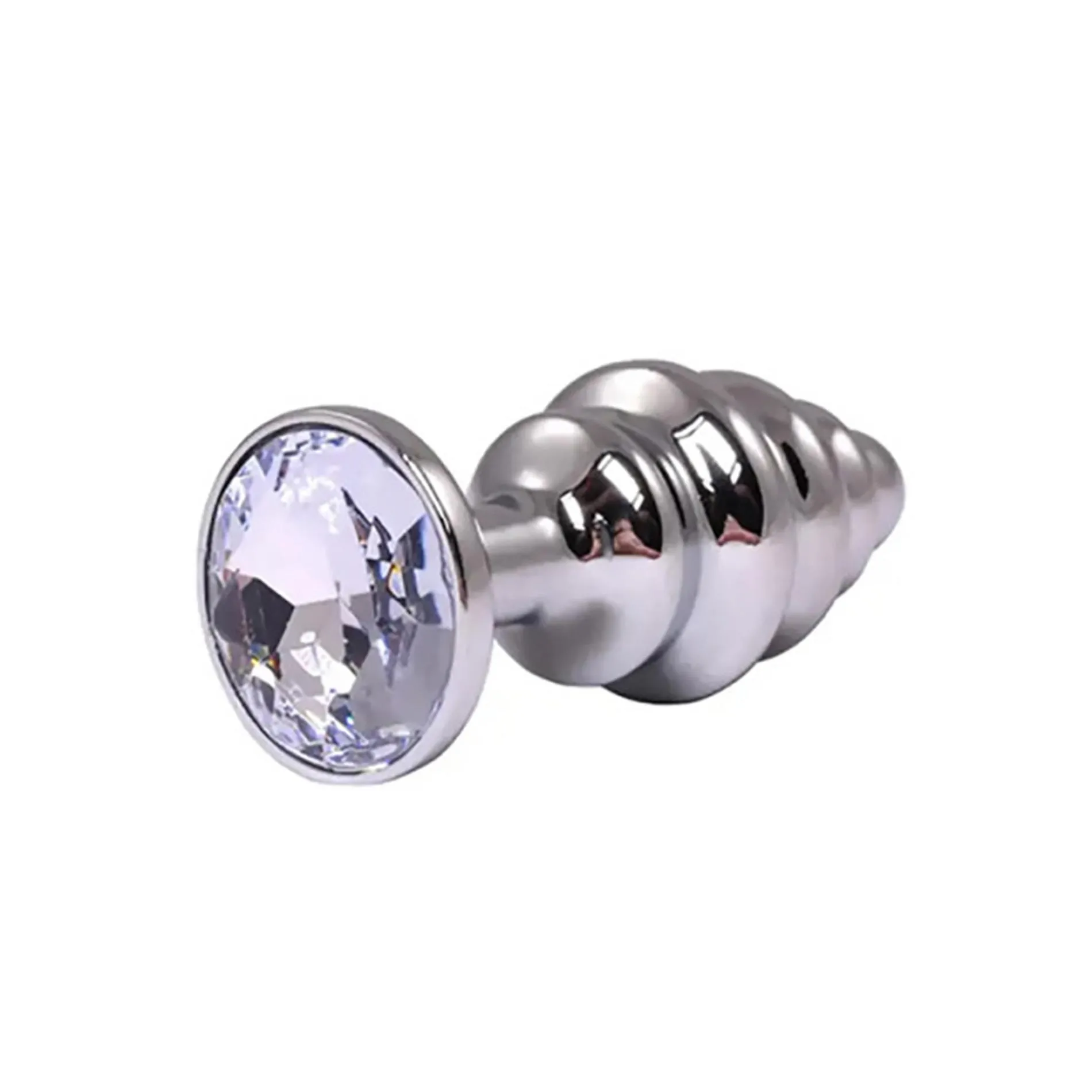 Silver small ribbed butt plug with white crystal
