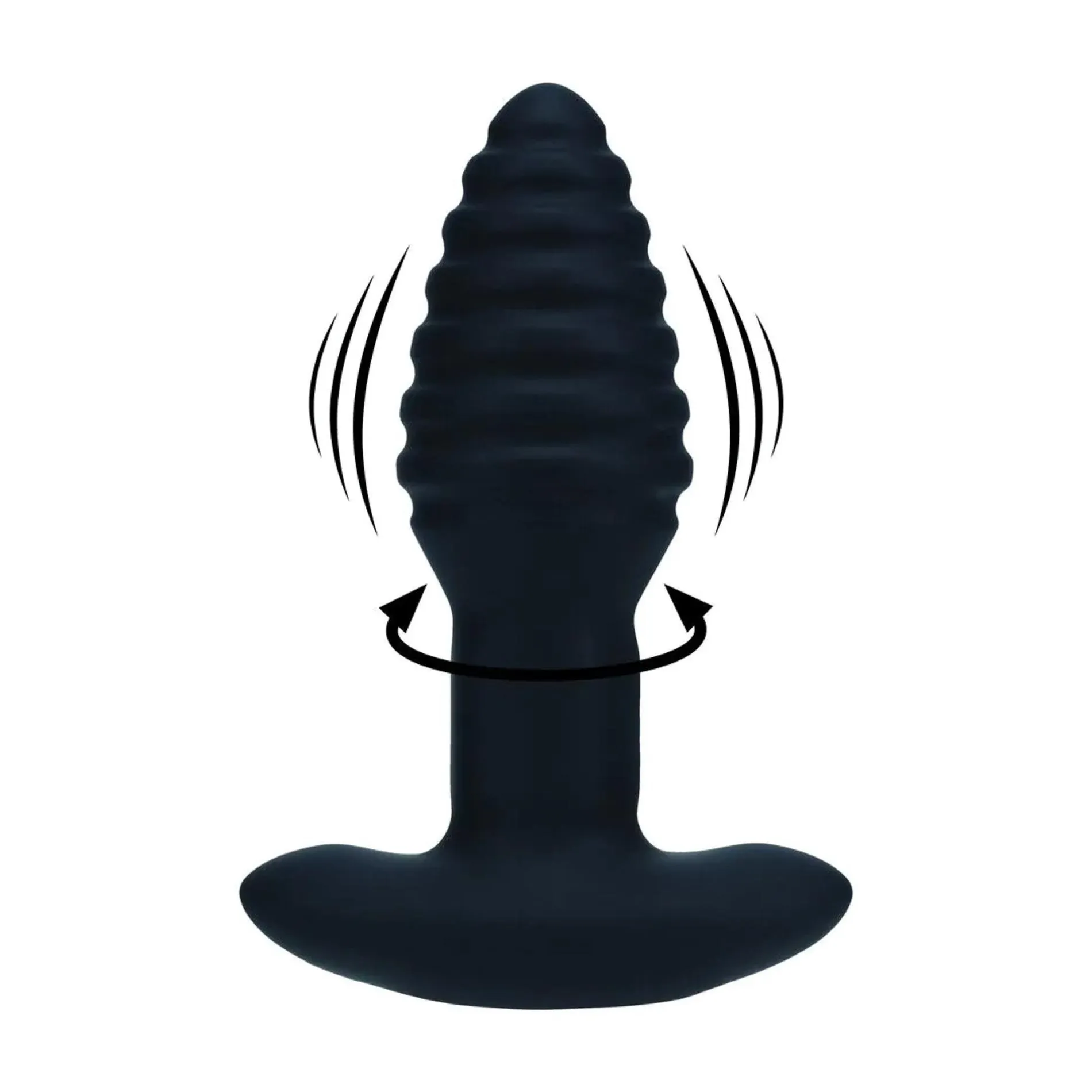 Vibrating and Rotating Ribbed Silicone Anal Plug - Black